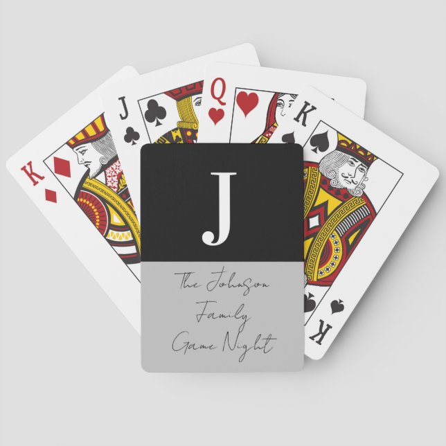 Baraja De Cartas Monograma Nombre Familia Gris Negra Noche (Reverso)