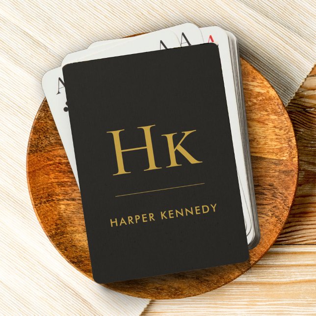 Baraja De Cartas Monograma | Nombre personalizado dorado negro pers (Subido por el creador)