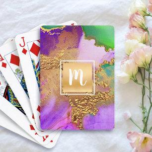 Baraja De Cartas Monograma oro púrpura verde ágata acuarela audaz