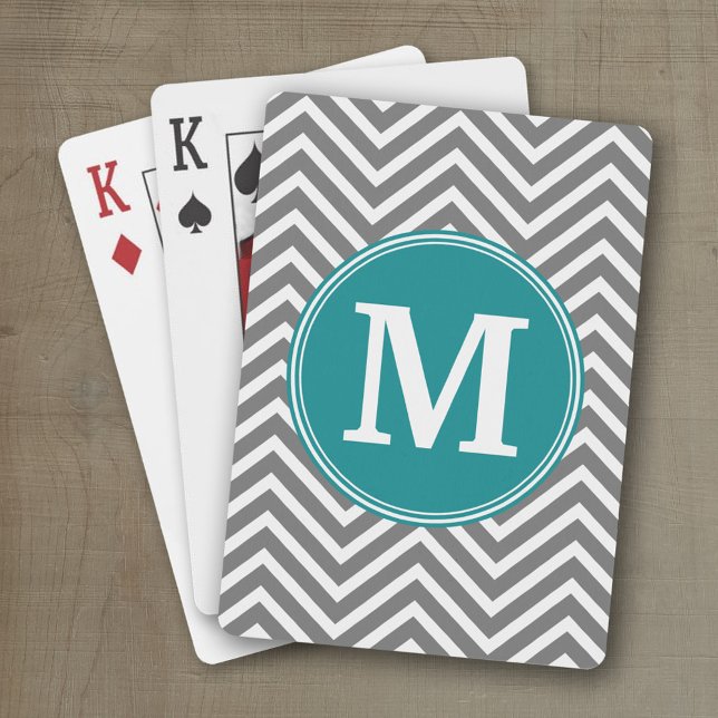 Baraja De Cartas Monograma Personalizado de Chevrras de Turquesa y  (Personalized playing cards with an area for text such as a name or monogram)