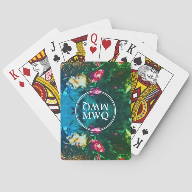 Baraja De Cartas Monograma personalizado de floral verde elegante (Reverso)