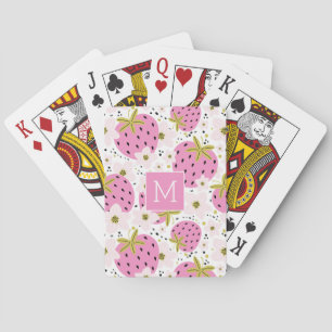 Baraja De Cartas Monograma Personalizado de fresas rosadas