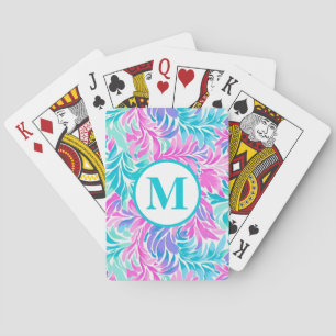 Baraja De Cartas Monograma personalizado floral teal rosa