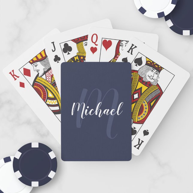 Baraja De Cartas Monograma personalizado moderno y nombre azul de l (Subido por el creador)