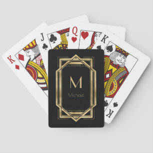 Baraja De Cartas Monograma Personalizado Negro y Dorado   Geométric