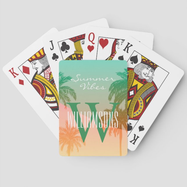 Baraja De Cartas Monograma personalizado Vibes de verano Palm Tree (Reverso)