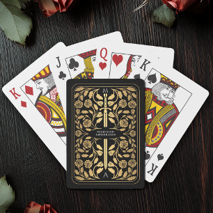 Baraja De Cartas Monograma real de espadas doradas de color negro