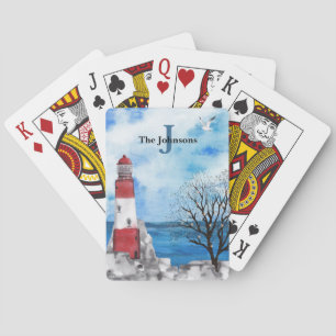 Baraja De Cartas Monograma Red & Blue Lighthouse Watercolor Scene P