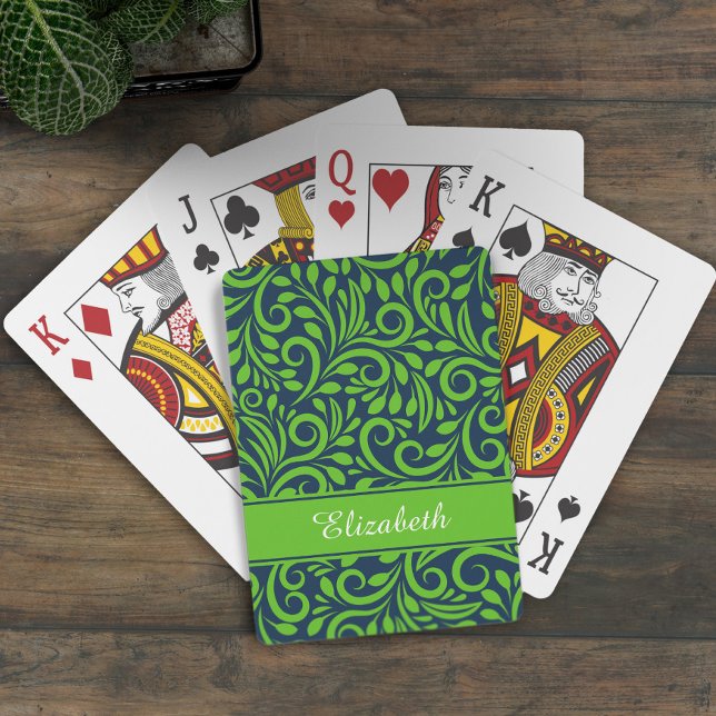 Baraja De Cartas Monograma Resumen Patrón floral Moda verde azul (Monogram Abstract Floral Pattern Blue Green Chic Poker Cards)