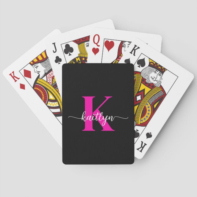 Baraja De Cartas Monograma rosa caliente negro (Reverso)