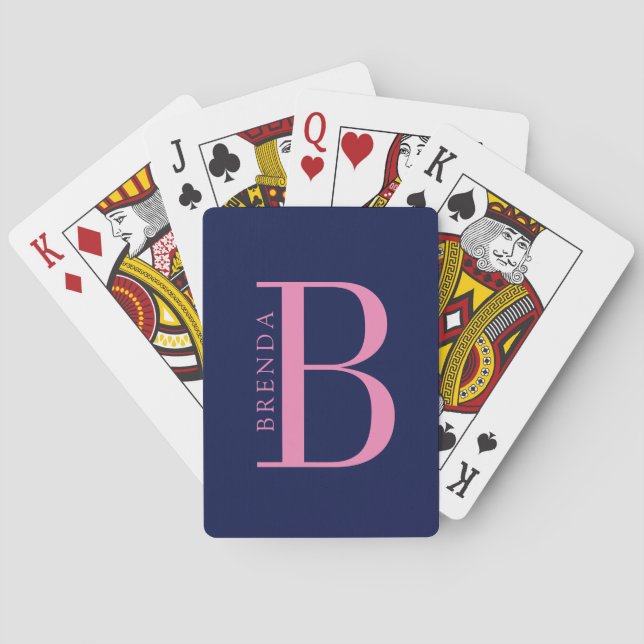 Baraja De Cartas Monograma rosa mínimo y nombre en azul (Reverso)