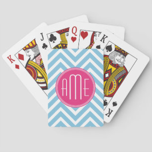 Baraja De Cartas Monograma rosado magenta con Chevron azul claro