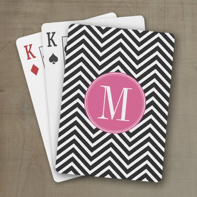 Baraja De Cartas Monograma rosado Personalizado de cheurones negros (Personalized playing cards with monogram or custom text)