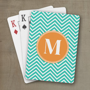 Baraja De Cartas Monograma triple Personalizado de Chevrons Esmeral