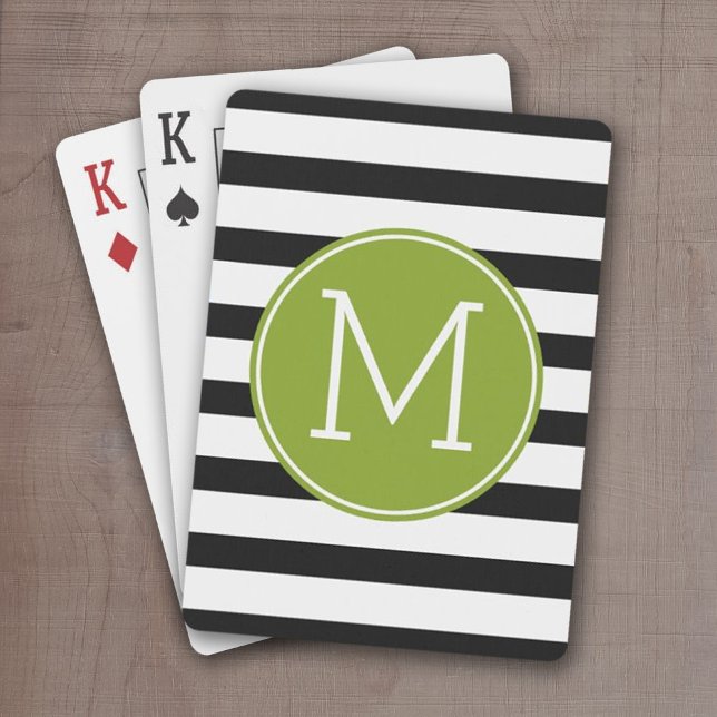 Baraja De Cartas Monograma verde del patrón rayado negro y blanco (Green and Black stripes with monogram - personalized playing cards)