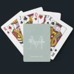 Baraja De Cartas Monograma y nombre de la dama de honor personaliza<br><div class="desc">Los regalos personalizados de Bridesmaids presentan el nombre personalizado de la dama de honor en el estilo de tipo de letra blanco clásico y monograma en el estilo de tipo de letra sage green classic serif como fondo con título y fecha boda en el estilo de tipo de letra serif...</div>