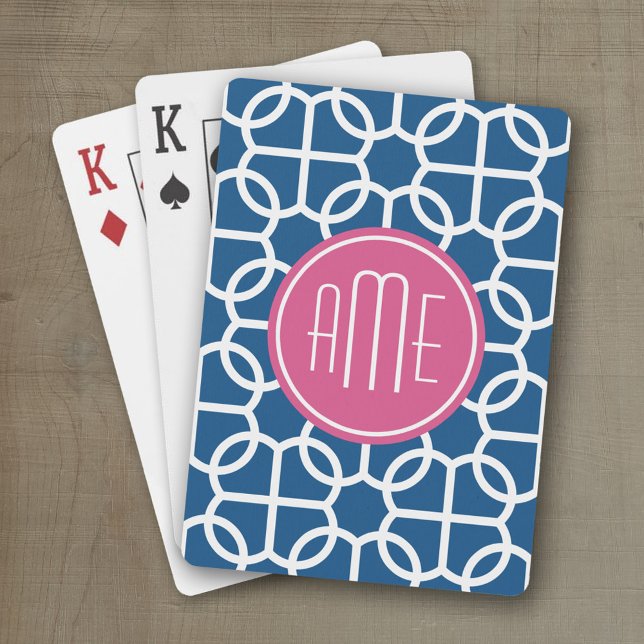 Baraja De Cartas Monogramas del patrón geométrico rosa y azul calie (Personalized playing cards with monogram or custom text)
