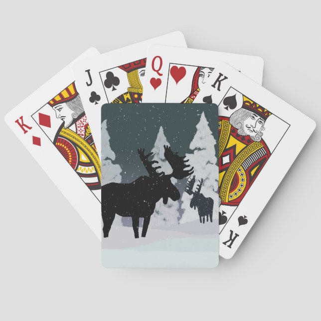 Baraja De Cartas Moose en la nevada noche de invierno (Reverso)