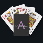 Baraja De Cartas Morado Black Script Girly Monograma Nombre<br><div class="desc">Cartas de juego de nombres de monograma de escritura simple negro y púrpura. Esto hace que el dulce perfecto cumpleaños 16,  boda,  ducha de novia,  aniversario,  ducha de bebé o fiesta de soltera sea regalo para alguien que ama el lujo glam y los estilos de moda.</div>
