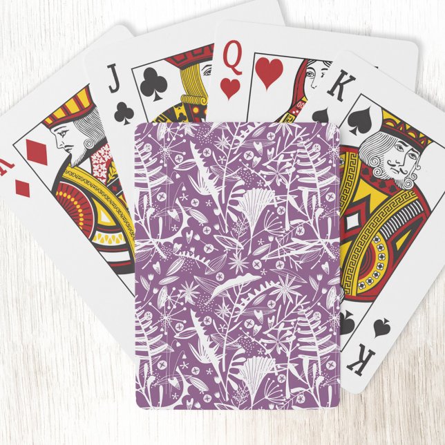 Baraja De Cartas Morado botánico moderno (Purple and white botanical silhouette pattern art playing cards)