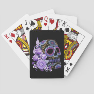 Baraja De Cartas Morado Floral Black Sugar Skull Día De Los Muertos