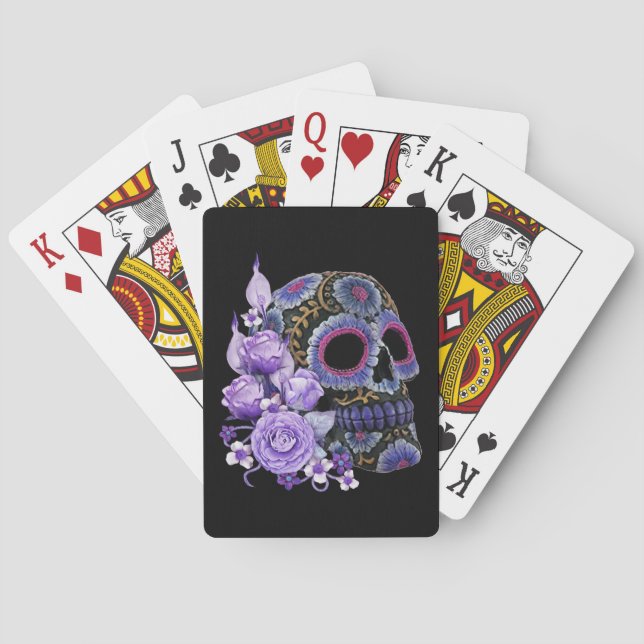 Baraja De Cartas Morado Floral Black Sugar Skull Día De Los Muertos (Reverso)