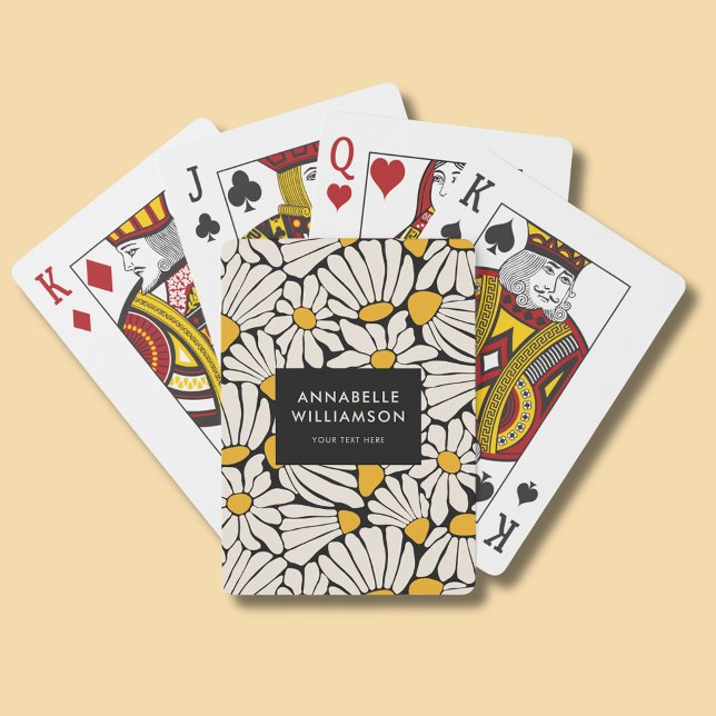 Baraja De Cartas Mostaza floral retro amarillo negro (Retro floral playing cards in yellow/cream boho floral on black. Personalize with your own name/text)