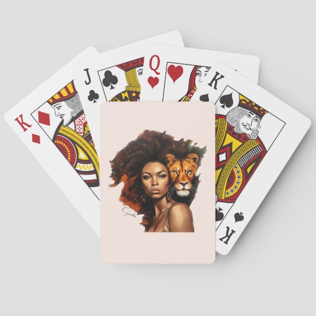 Baraja De Cartas Mujer afroamericana con león majestuoso (Reverso)