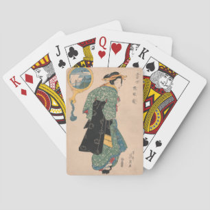 Baraja De Cartas Mujer de kimono japonés antiguo Ukiyo-e grabado en