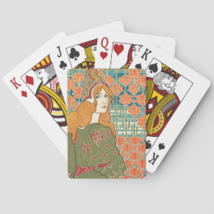 Baraja De Cartas Mujer pelirroja lirios naranjas impresión de arte