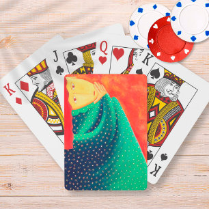 Baraja De Cartas Mujer Pensando Pintura de Arte Contemporáneo
