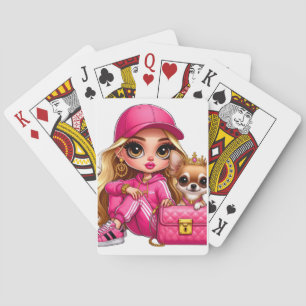 Baraja De Cartas Muñeca de moda rosa y manta de felpa para cachorro