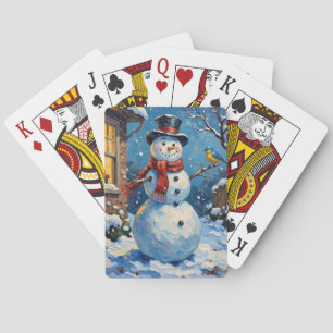 Baraja De Cartas Muñeco de Nieve Feliz Nostálgico con Escena Invern