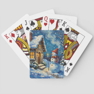 Baraja De Cartas Muñeco de nieve vintage junto a una cabaña navideñ