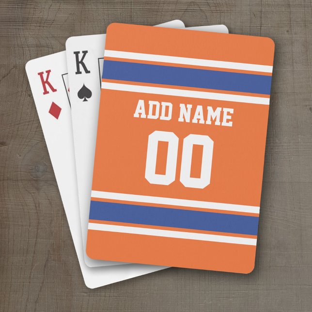 Baraja De Cartas Naranja Blue Sports Jersey con nombre y número (Personalized Playing Cards - Sports Jersey Design)