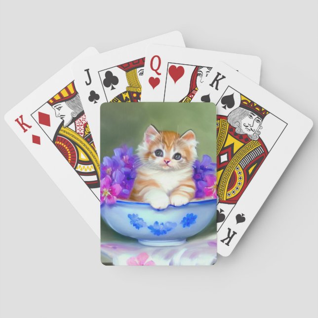 Baraja De Cartas Naranja de época y Ilustracion de gatito blanco (Reverso)