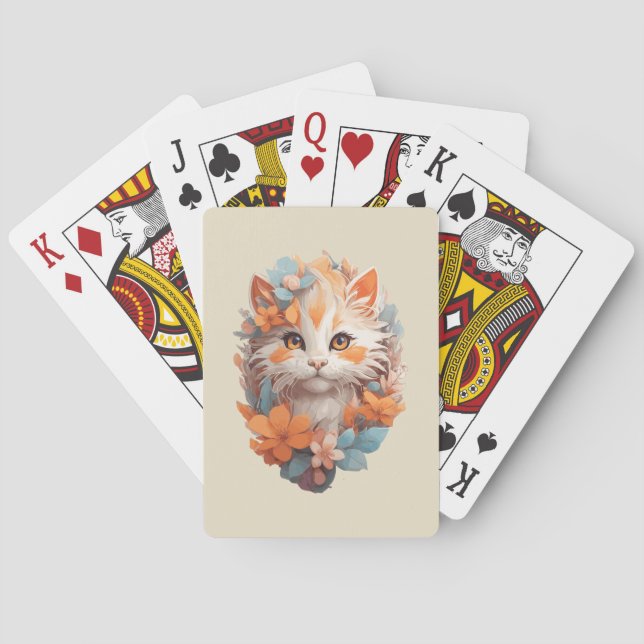 Baraja De Cartas Naranja lindo Floral Kitty Cat (Reverso)