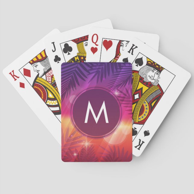 Baraja De Cartas Naranja púrpura monogramo veraniego (Reverso)