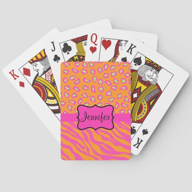 Baraja De Cartas Naranja y cebra rosa y queso personalizado (Reverso)