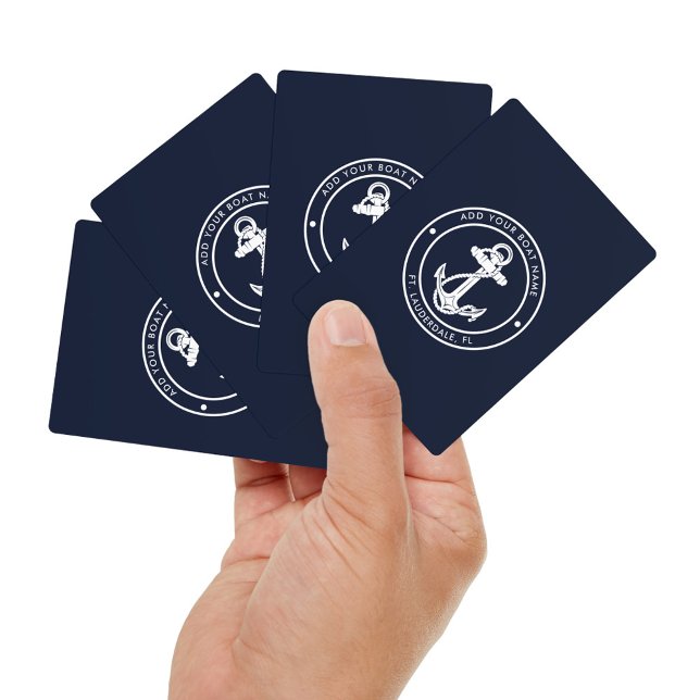 Baraja De Cartas Nautical Anchor Bote Nombre Personalizado Azul de  (Nautical Navy Blue Anchor Custom Boat Name Playing Cards)