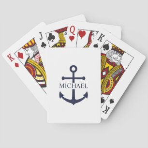 Baraja De Cartas Nautical Navy Blue Anchor Nombre Personalizado