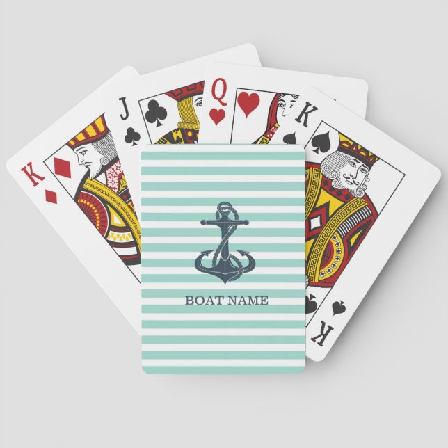 Baraja De Cartas Náutico, Ancla, Rayas Verde Menta (Reverso)