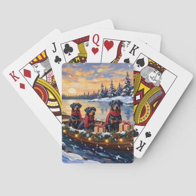 Baraja De Cartas Navidad de Rottweiler en Barco Fiesta (Reverso)