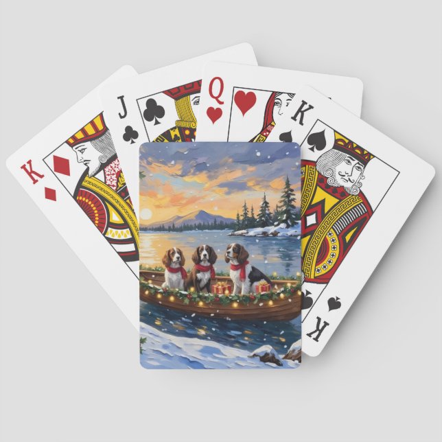 Baraja De Cartas Navidad en barco con Brittany Spaniel (Reverso)