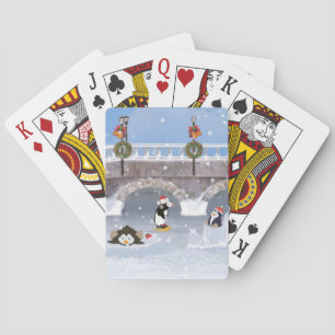 Baraja De Cartas Navidad, pingüinos juguetones en el lago congelado
