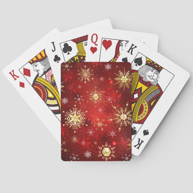 Baraja De Cartas Navidades Copos de nieve dorados con fondo rojo (Reverso)