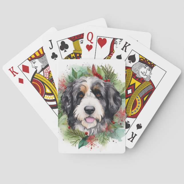 Baraja De Cartas Navidades de Bernedoodle Wreath Pup festivo (Reverso)