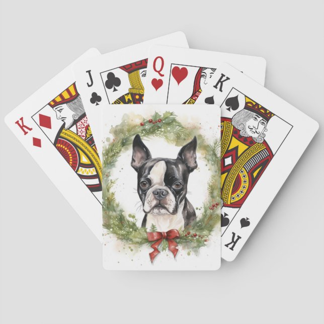 Baraja De Cartas Navidades de Boston Terrier en la fiesta (Reverso)