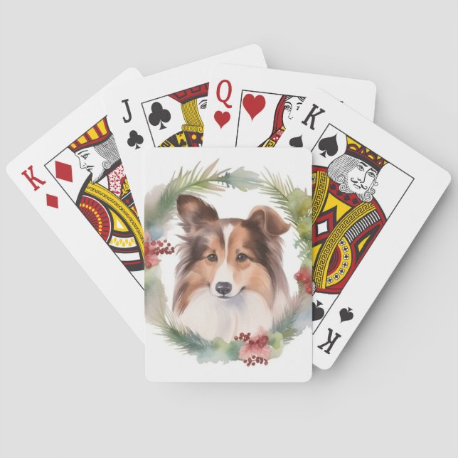 Baraja De Cartas Navidades de Shetland Sheepdog Wreath Festimes Pup (Reverso)