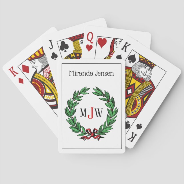 Baraja De Cartas Navidades festivos Xmas Holly Wreath Monograma (Reverso)